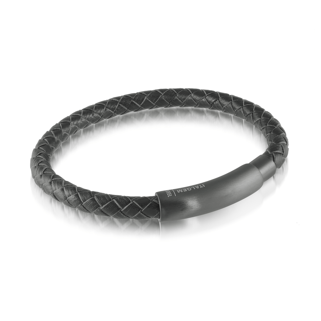Italgem Black Stainless Steel and Leather 8.25" Bracelet.