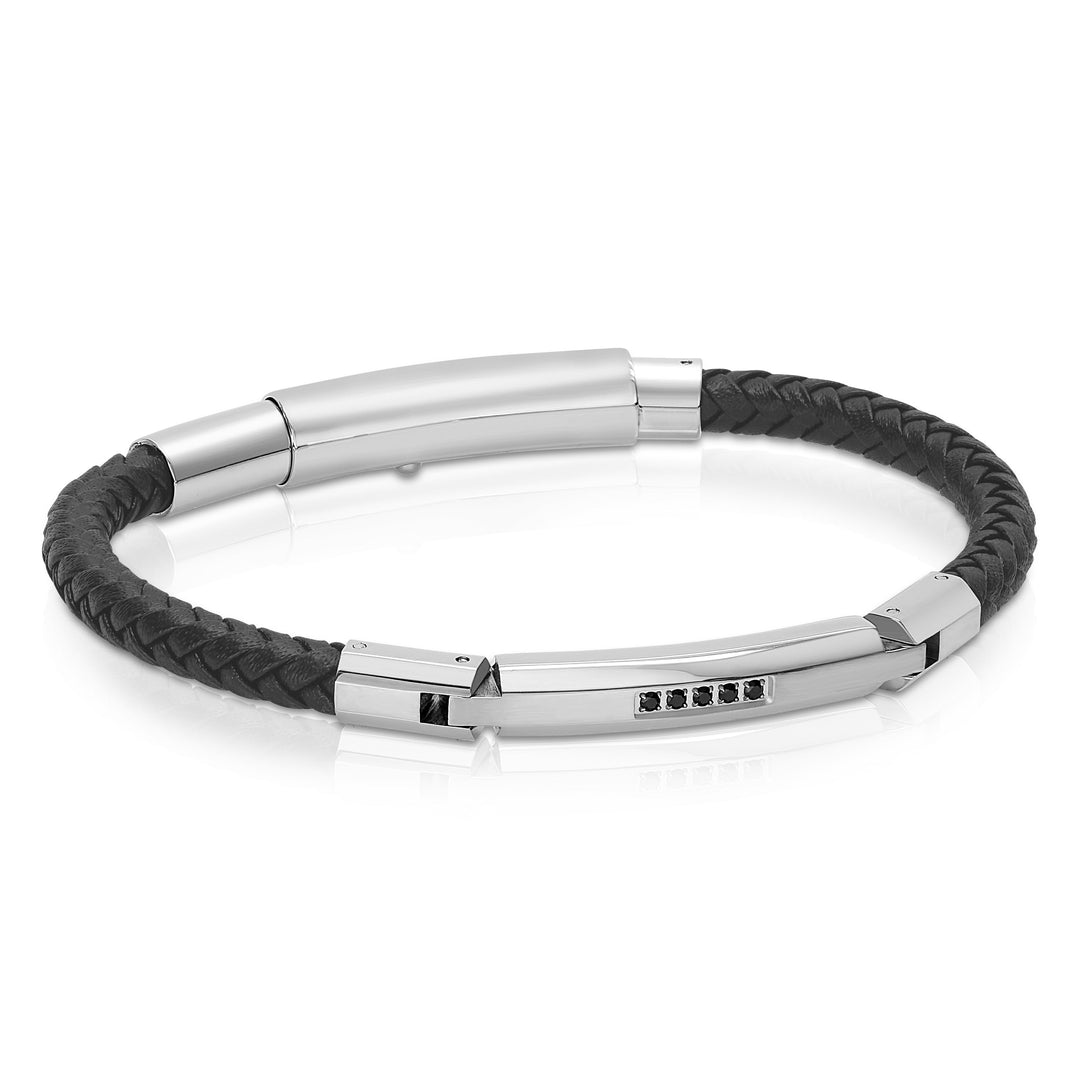 Italgem Stainless Steel Black Leather 8.75" C.Z  Bracelet.
