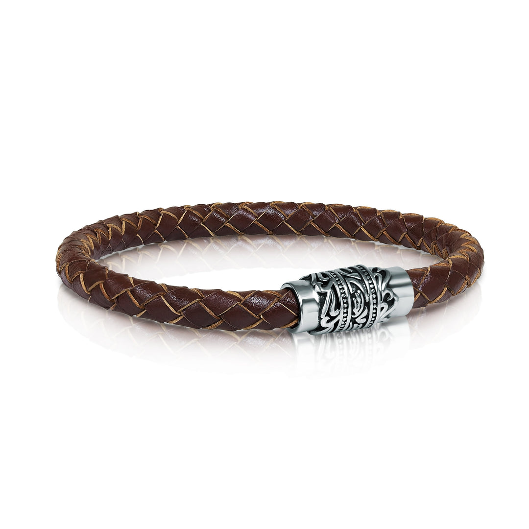 Italgem Steel 8.2" Brown Leather Bracelet.