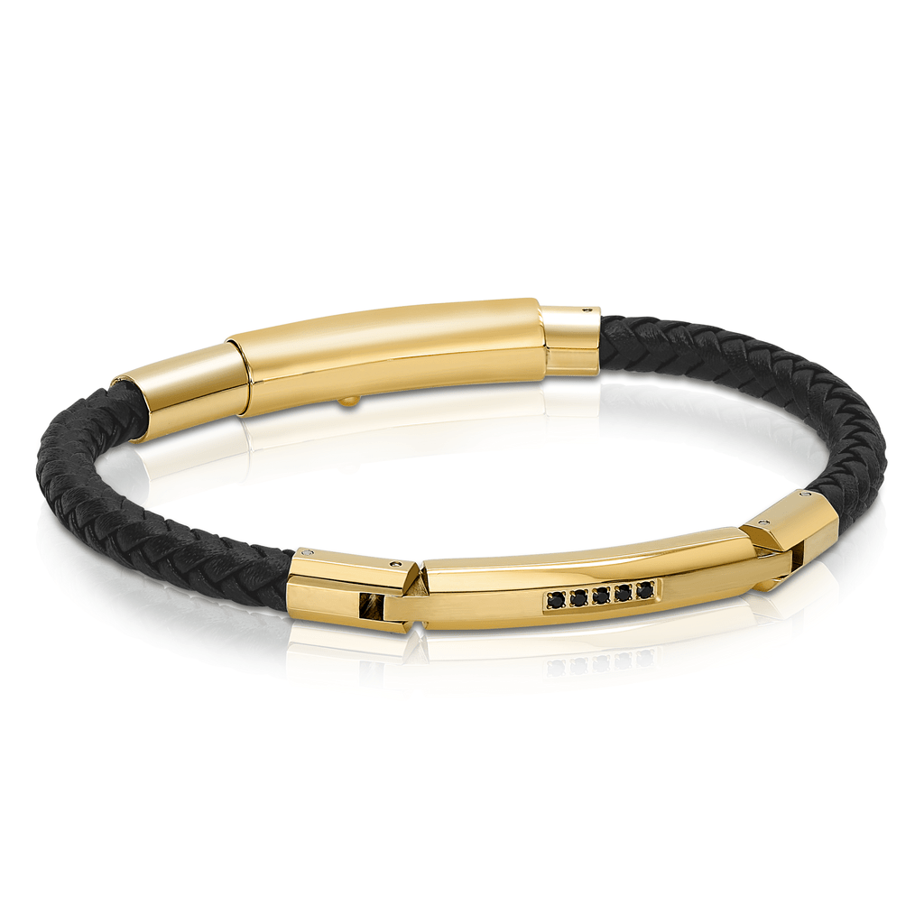 Italgem Steel Yellow Ip Steel Black Leather Bracelet.