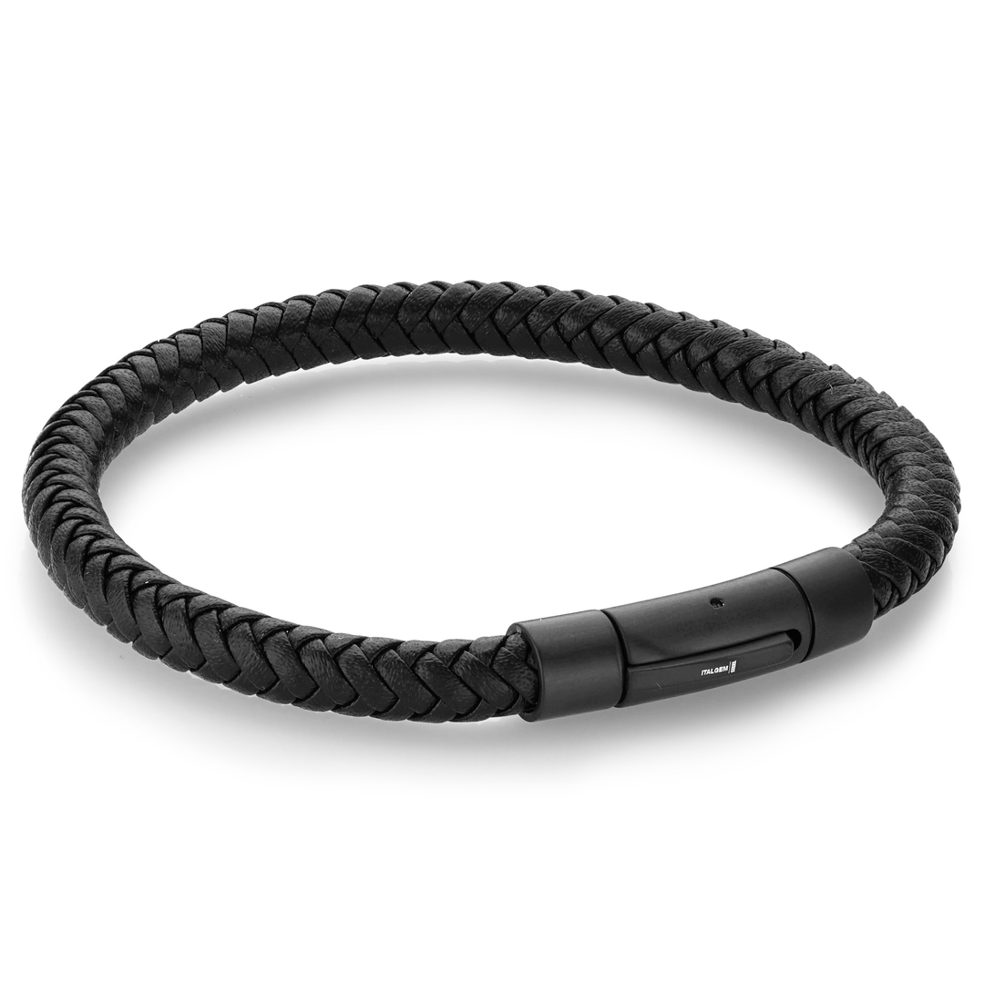 Italgem Stainless Steel and Black 8" Leather Bracelet