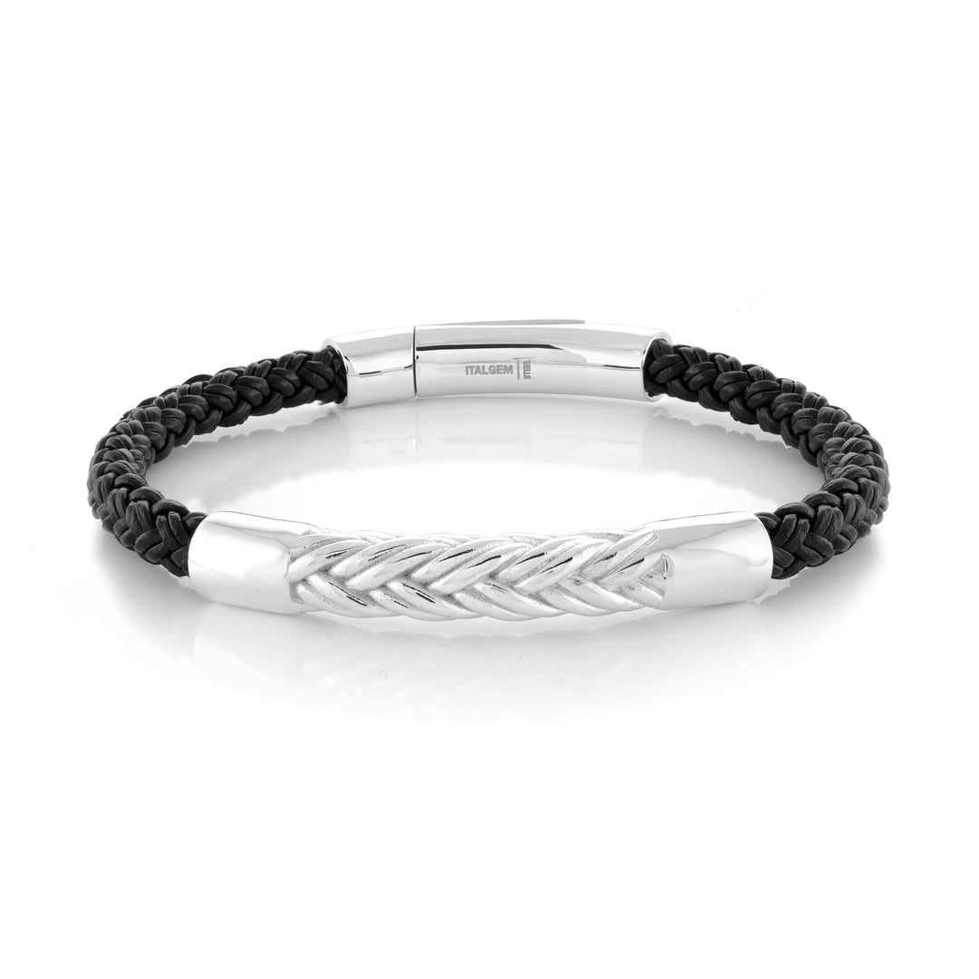 Italgem Steel Magnetic Wave Clasp Leather and Steel Bracelet