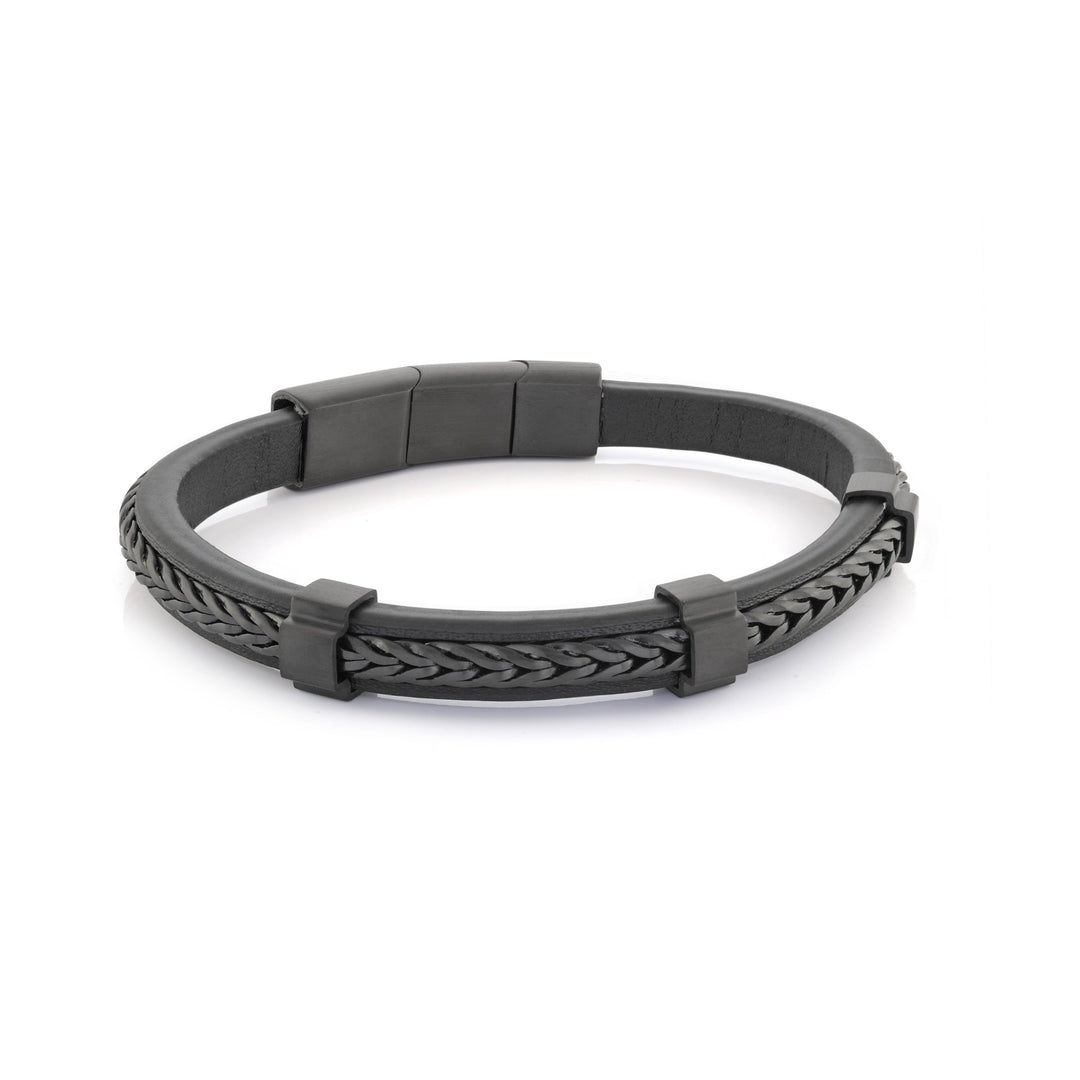 Italgem Steel  Black IP Franco Link Leather Bracelet.