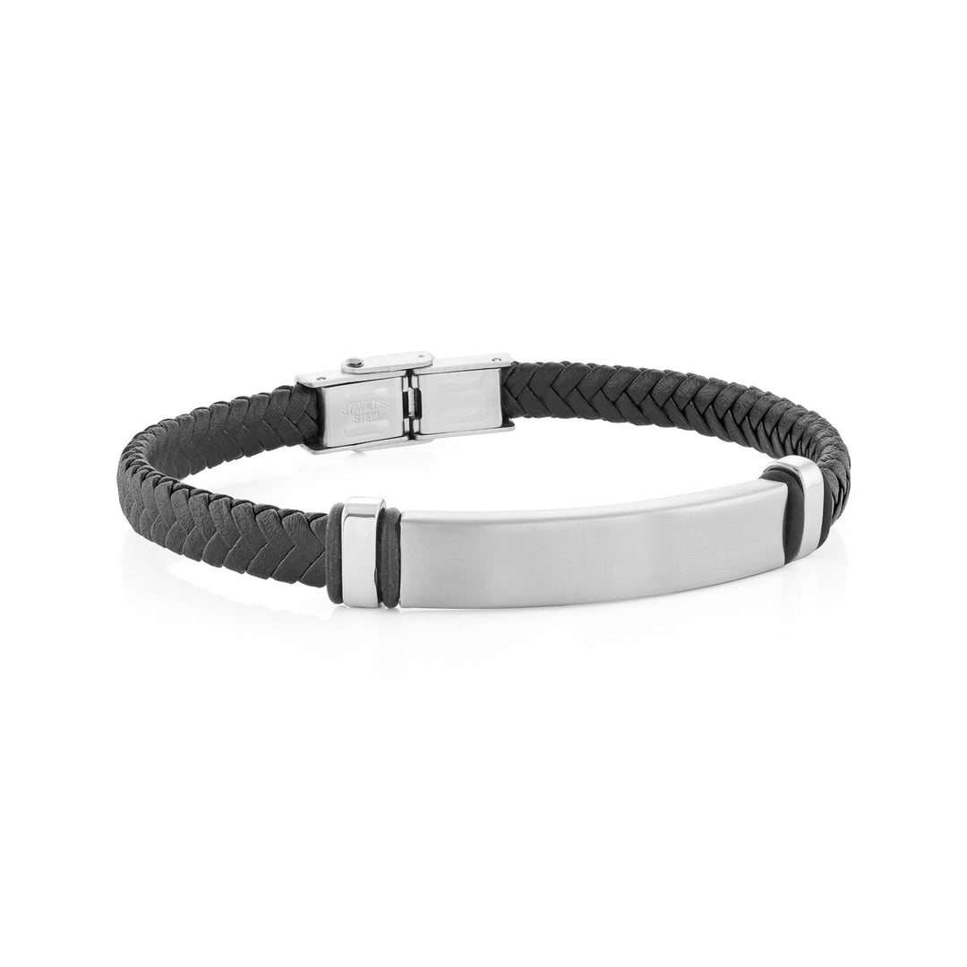 Italgem Steel Stainless Stee 8.5"  ID Plate &amp; Leather Bracelet.