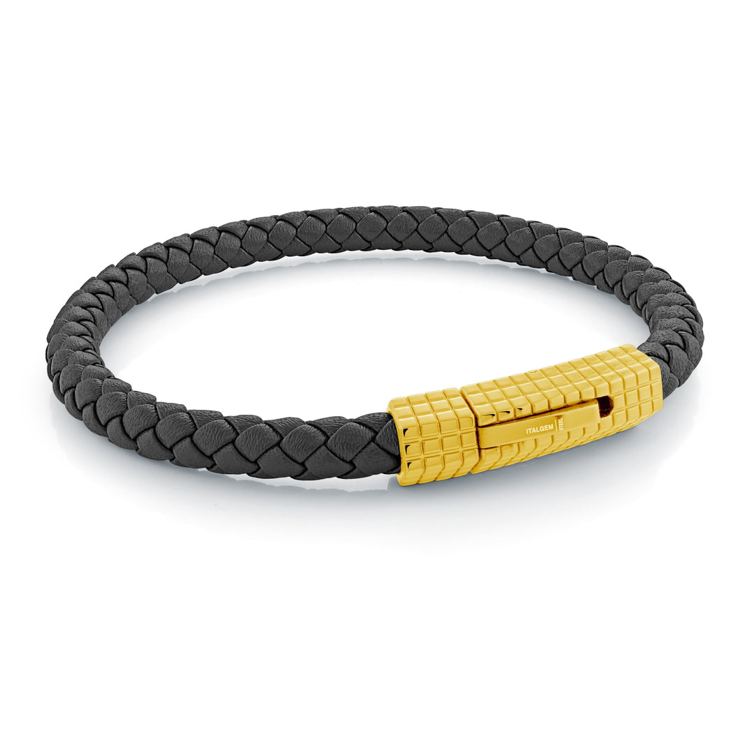 Italgem Steel Ion Plated Stainless Steel 8.5" Leather Bracelet.