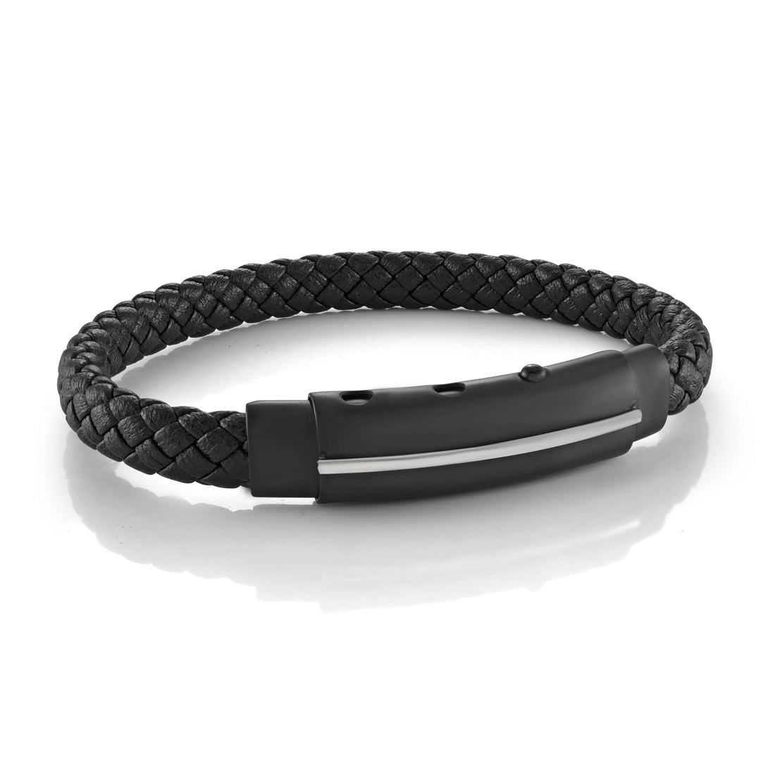 Italgem Steel 8" Melech BlackLeather Bracelet.