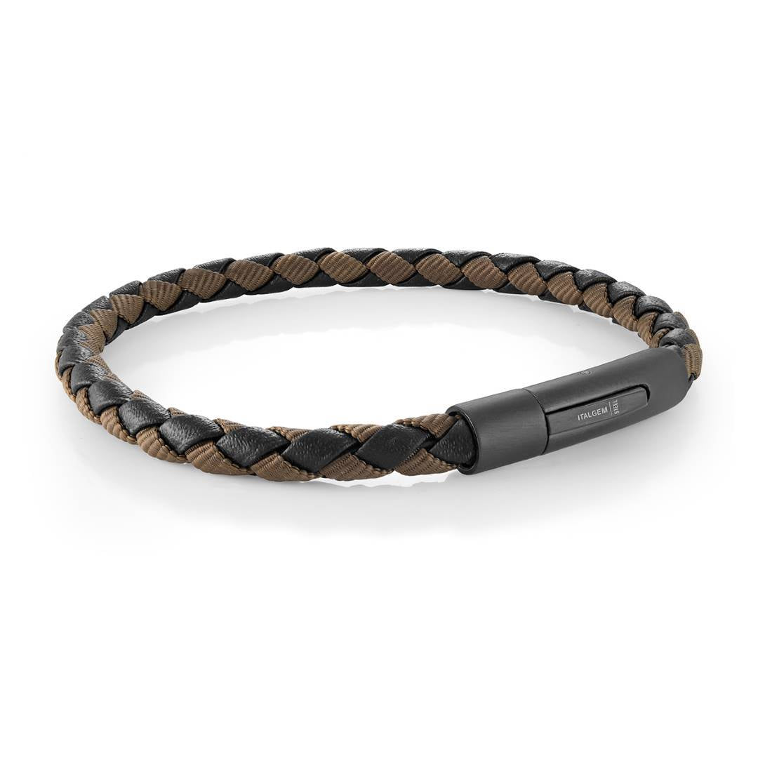 Italgem Steel Black IP Stainless Steel Braided Black Leather &amp; Brown Cord 8.2" Bracelet
