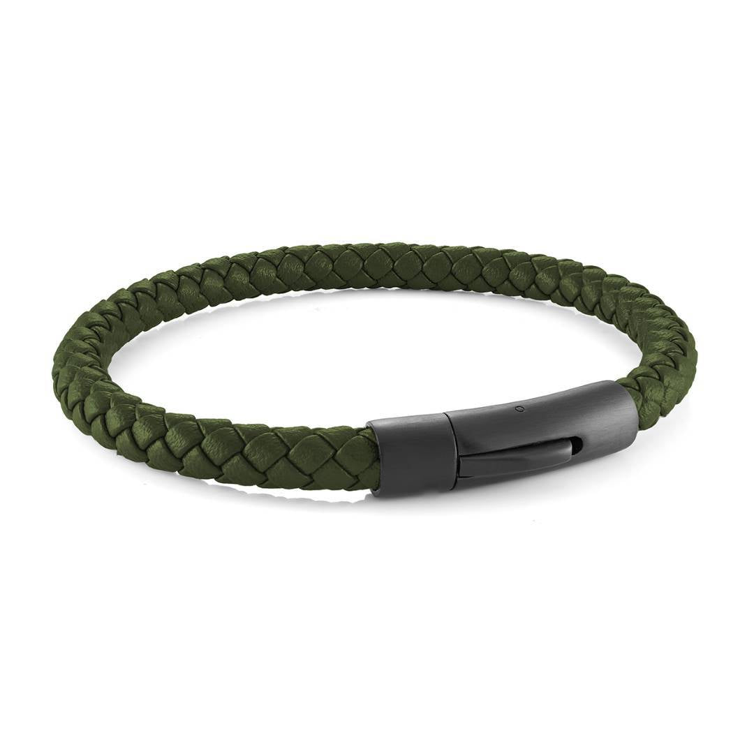 Italgem Steel Black IP Stainless Steel Army Green Leather 8" Bracelet