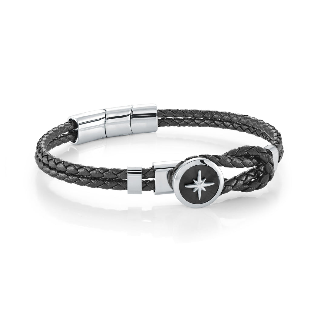 Italgem Steel North-Star Black Leather Bracelet