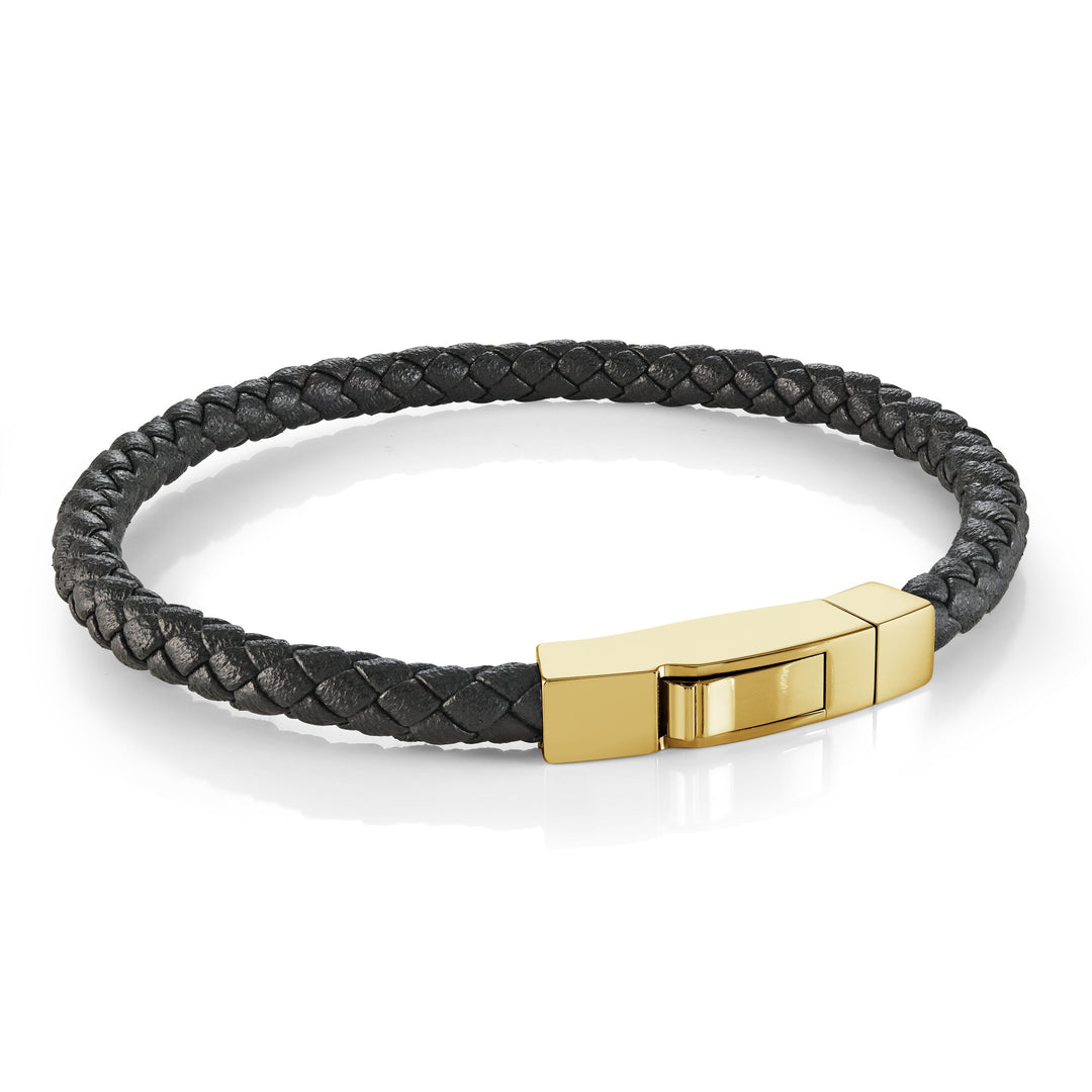Italgem Steel Gold IP Plated 8" 5mm Braided Black Leather Bracelet.