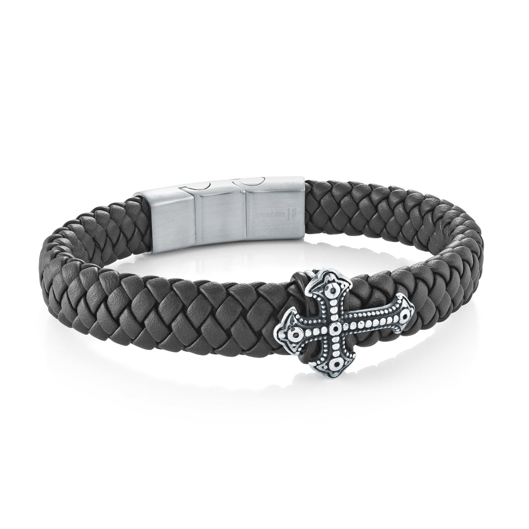Italgem Steel Stainless Steel Detailed Cross 12mm Black Leather 8" + 0.5" Bracelet