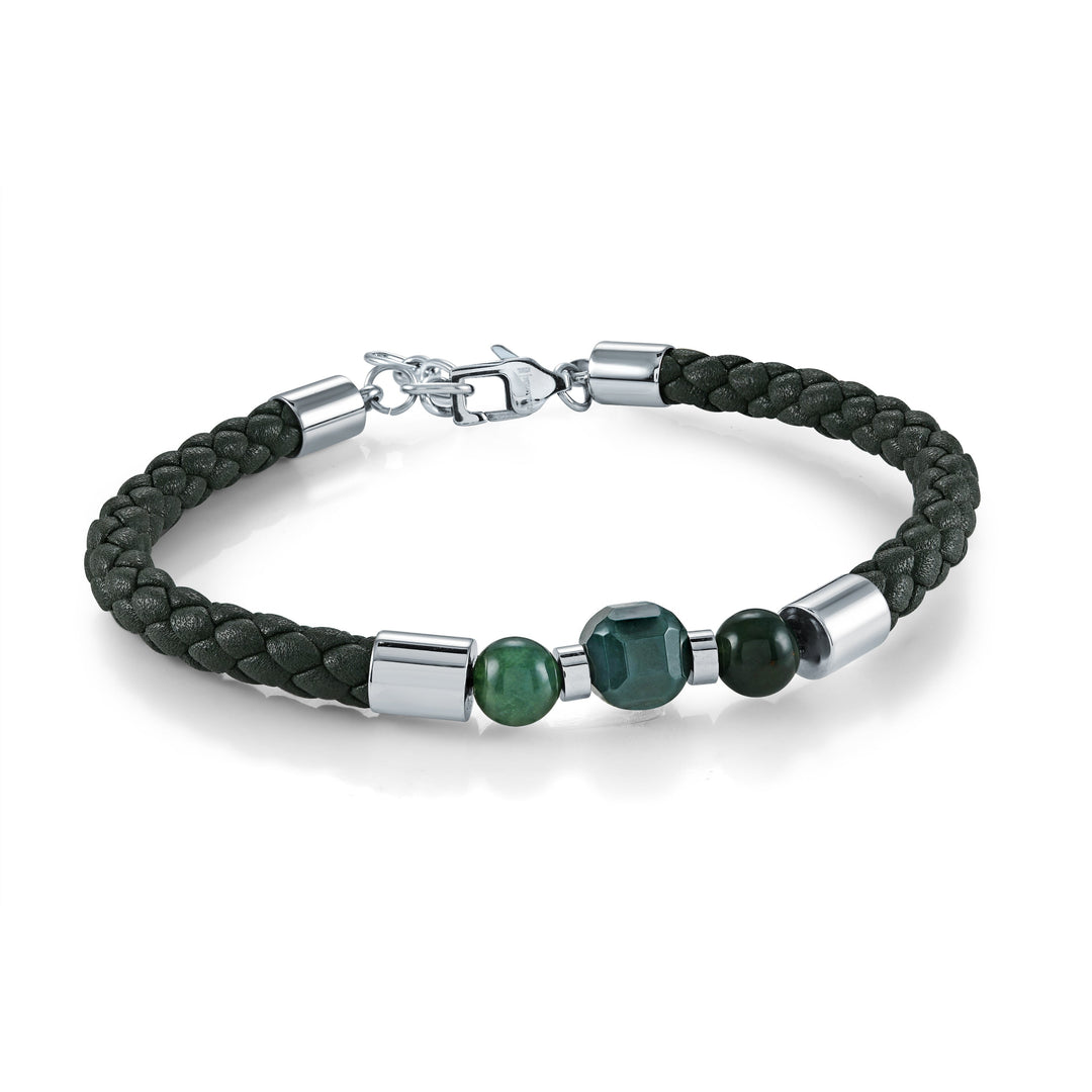 Italgem Steel 5mm Moss Agate Green Leather Bracelet