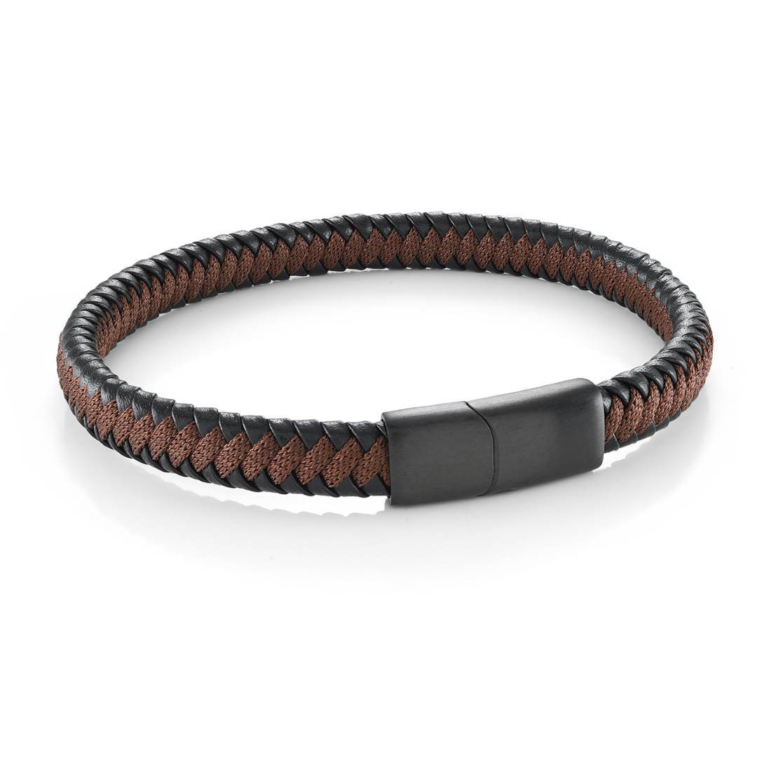 Italgem Steel Black IP Stainless Steel 8mm Black Leather &amp; Brown Nylon 8" Bracelet