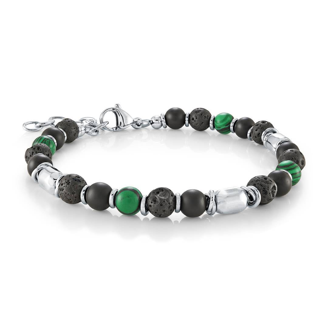 Italgem Steel Stainless Steel Malachite, Black Onyx &amp; Lava Bead 7.5" + 1" Bracelet