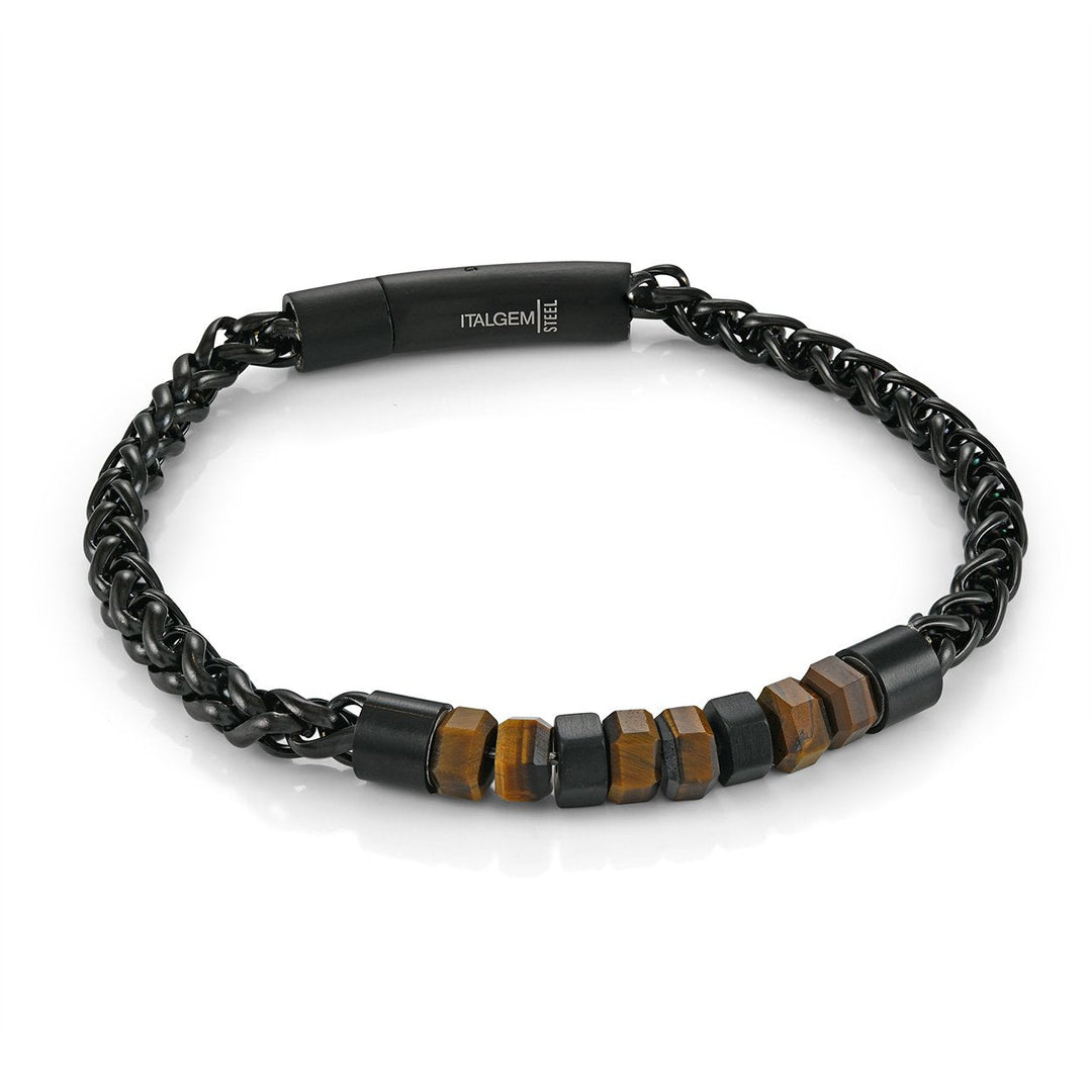 Italgem Steel Black IP Stainless Steel 4.5mm Wheat Tiger’s Eye 8" Bracelet