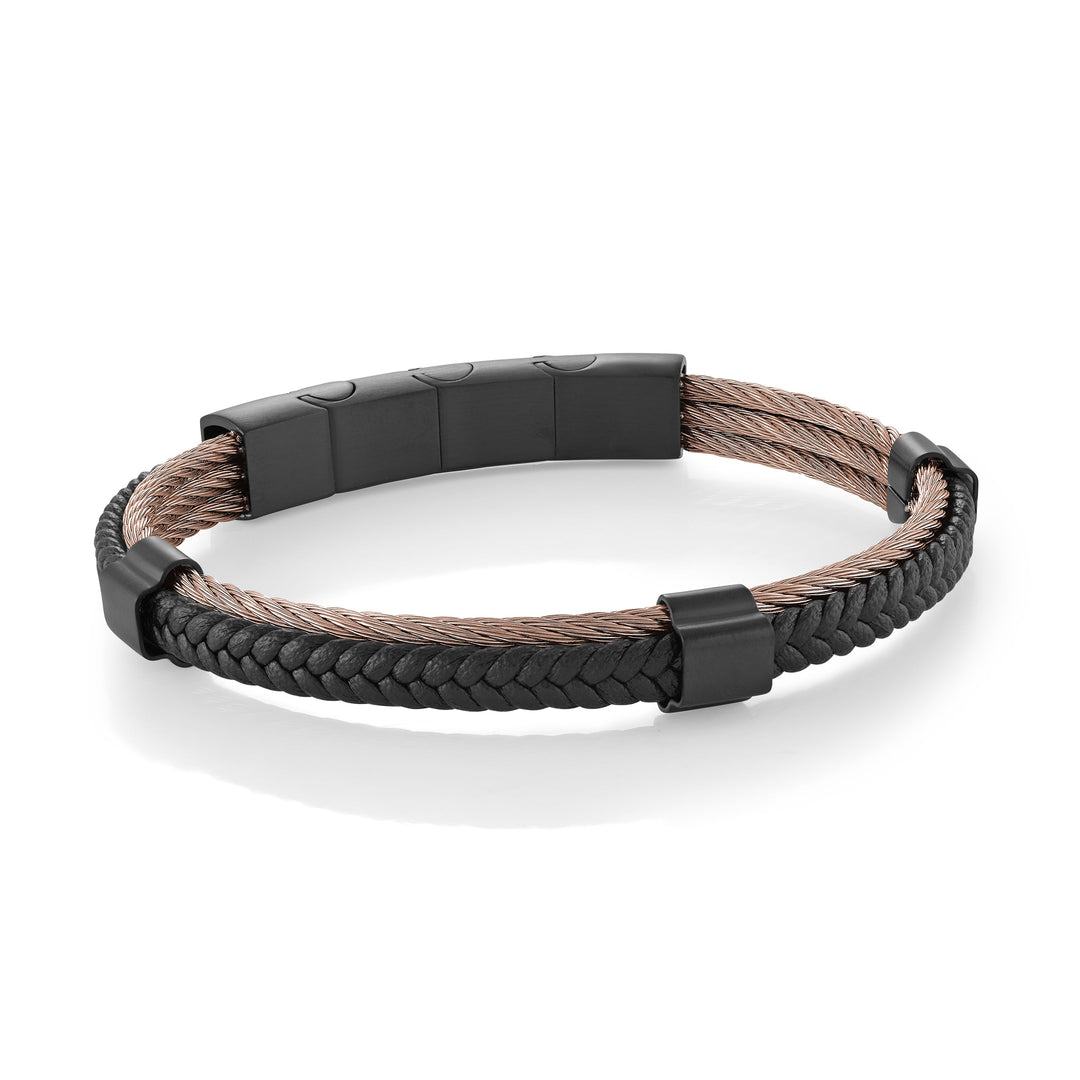 Italgem Steel Dual Weave Leather &amp; Cable Bracelet 7mm