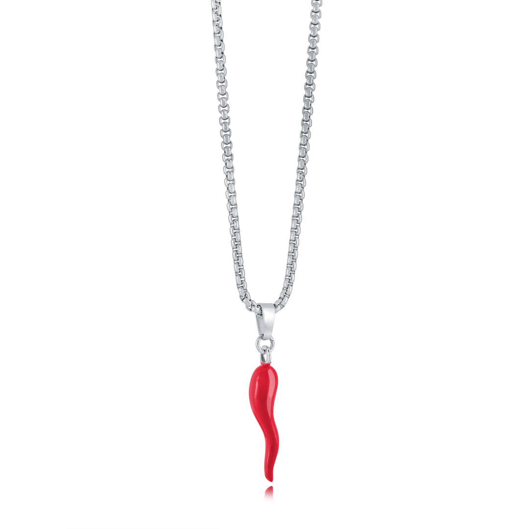 Italgem Steel 22"  Red Enamel Cornetto Pendant