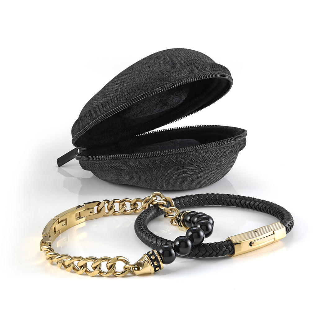 Italgem Steel Gold-Ip Agate Beads and Leather Bracelet Stack With Trav