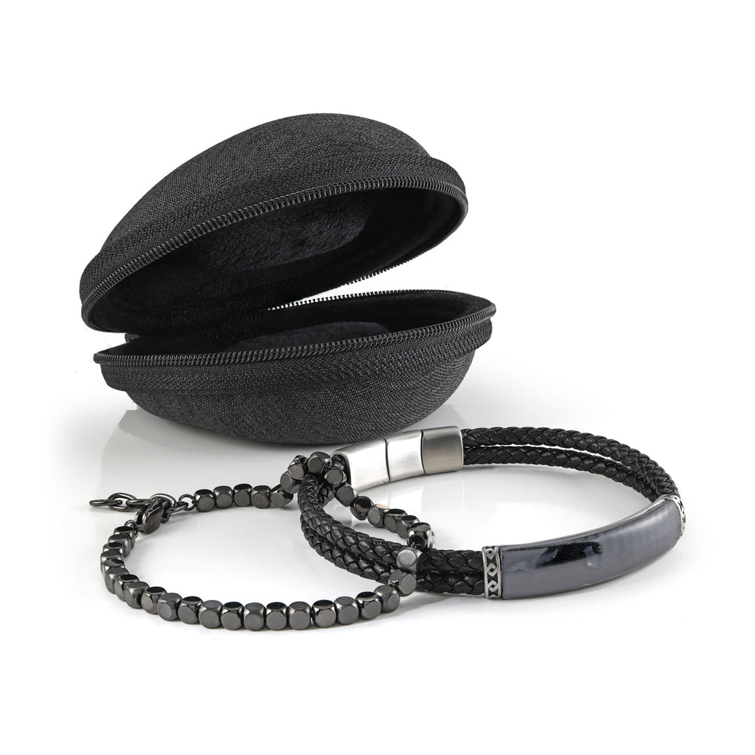 Italgem Steel Gunmetal Steel Beads and Leather Bracelet Stack With Tra