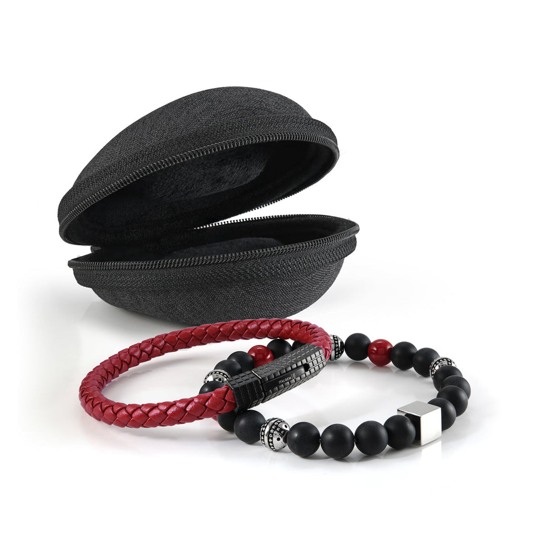 Italgem Steel Onyx-Coral Beads and Leather Bracelet Stack With Travel