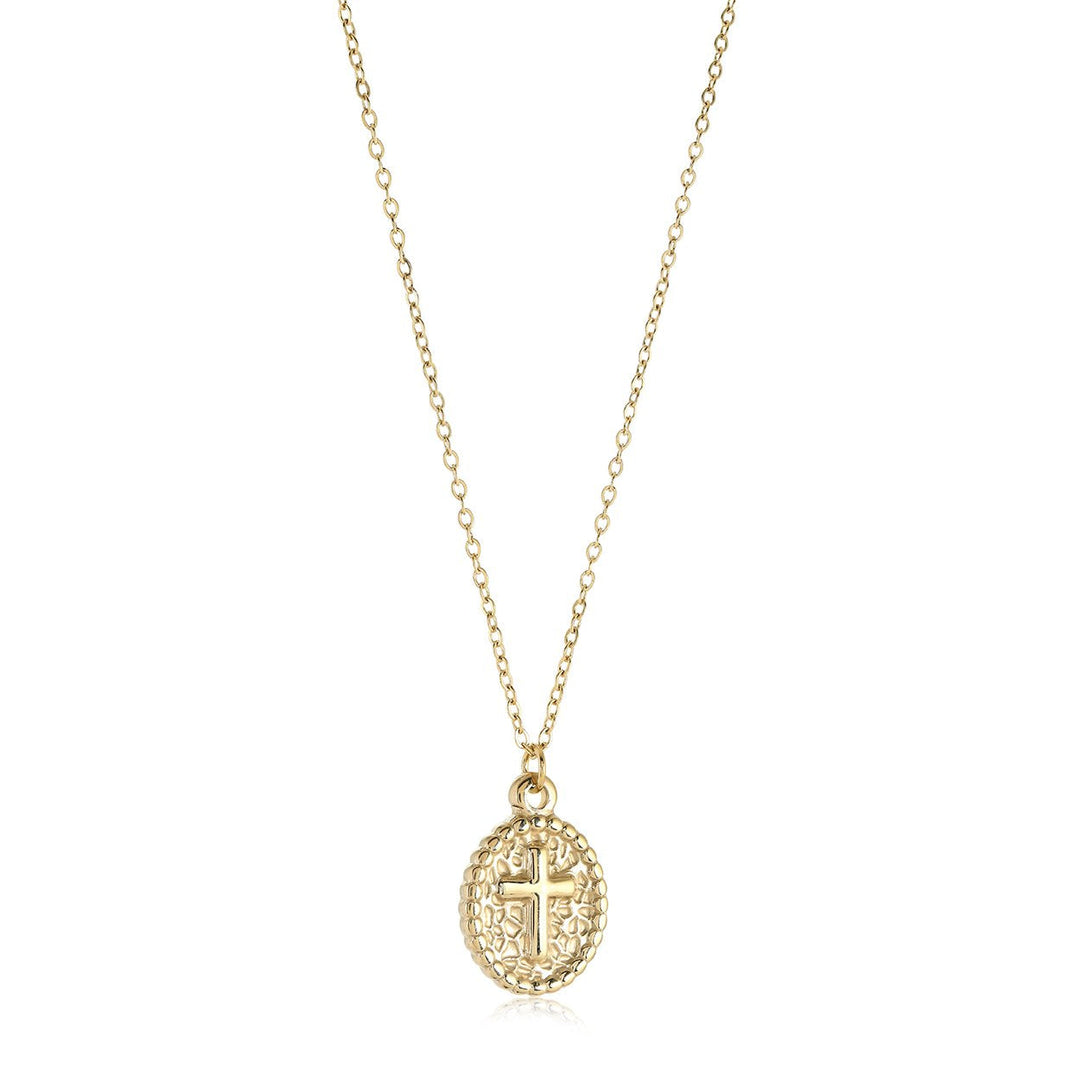 Veloria Gold IP Stainless Steel Centre Cross Oval Pendant 16" + 2" Necklace