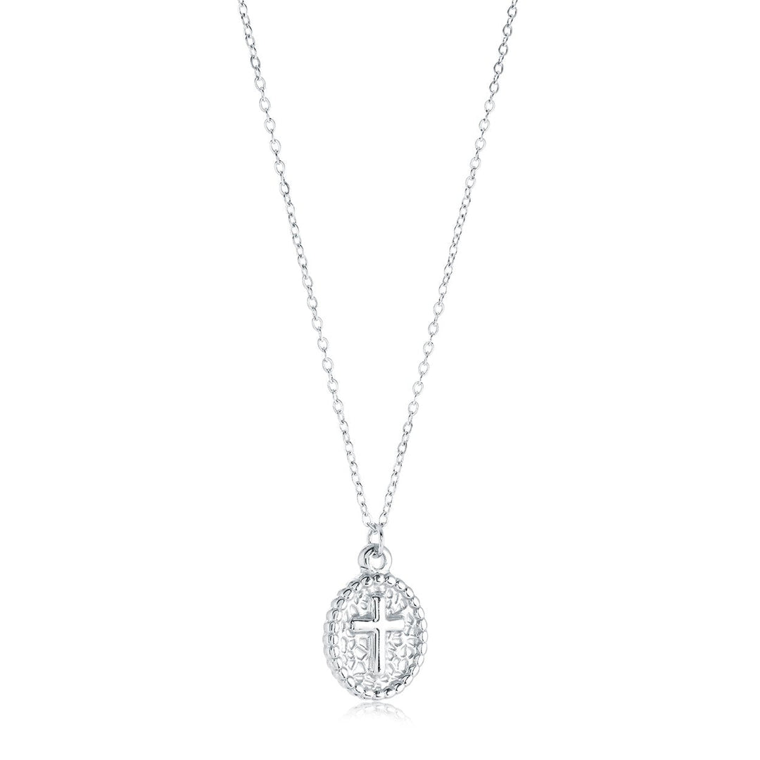 Veloria Stainless Steel Centre Cross Oval Pendant 16" + 2" Necklace
