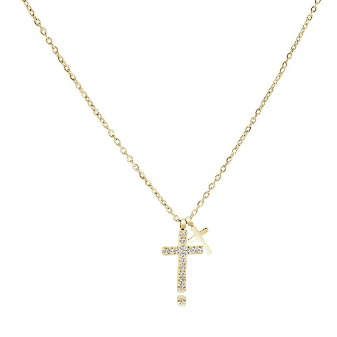 Veloria Gold IP Stainless Steel White CZ Double Cross 16" + 2" Necklace