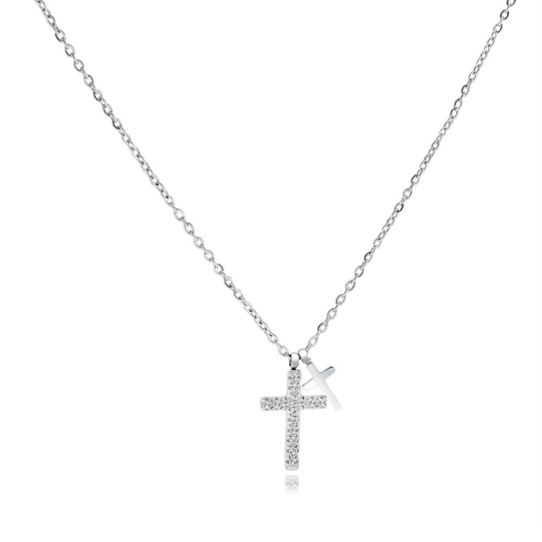 Veloria Stainless Steel White CZ Double Cross 16" + 2" Necklace