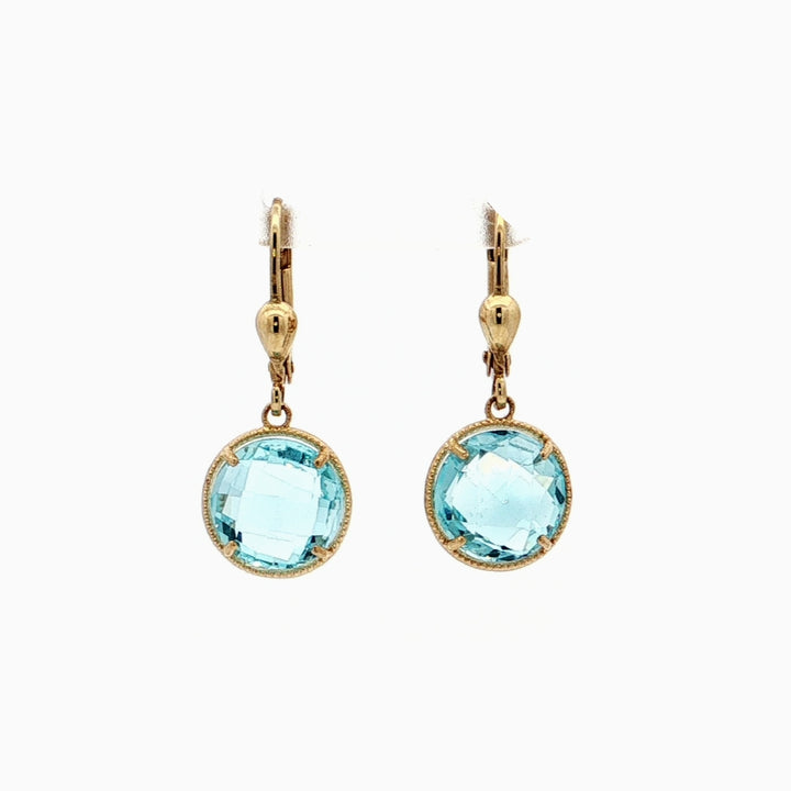 Graziella 10KT Yellow Gold Blue Topaz Leverback Earrings.