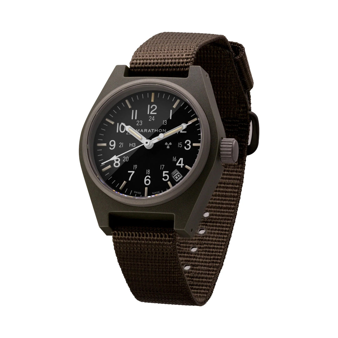 Marathon 34mm Field Quartz (GPQ-D) Sage Green Tritium on Ballistic Nyl