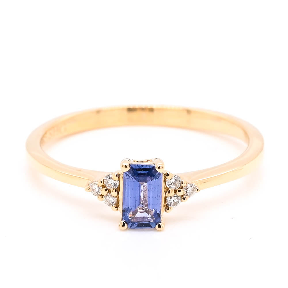 graziella 14KT Yellow Gold 0.37CT Emerald Shape Blue Sapphire and Diamond Ring