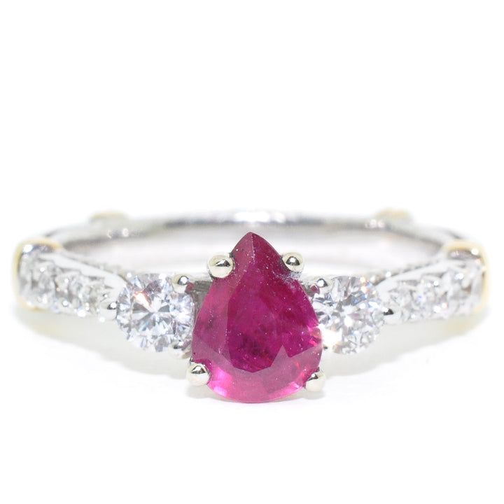 14KT White Gold 0.76CT Pear Shape Natural Ruby and Diamond Ring.