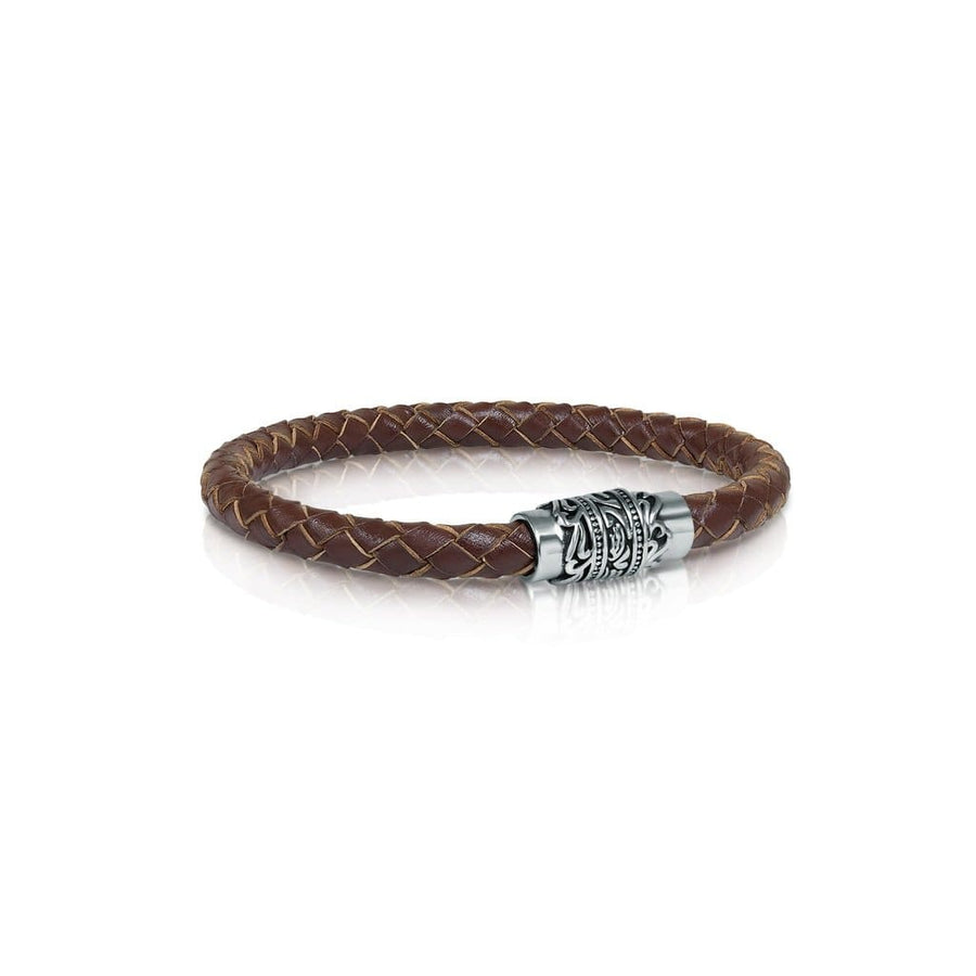 Italgem Steel 8.2" Brown Leather Bracelet.