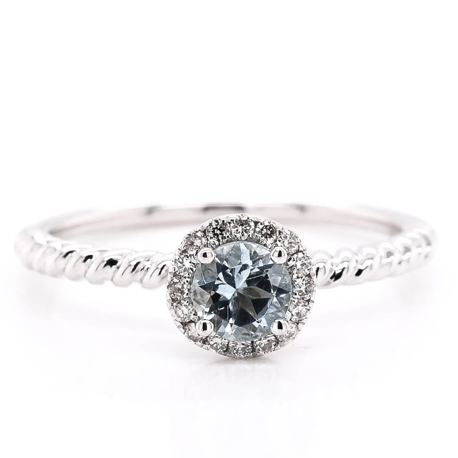 10KT White Gold 0.30CT Round Aquamarine & Diamond Halo Set Ring.