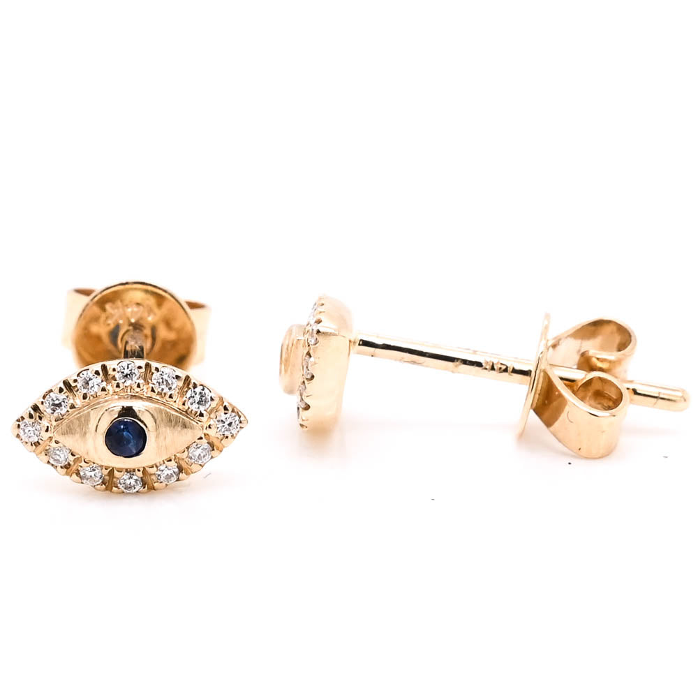 14KT Yellow Gold Blue Sapphire & Diamind Evileye Stud Earrings.