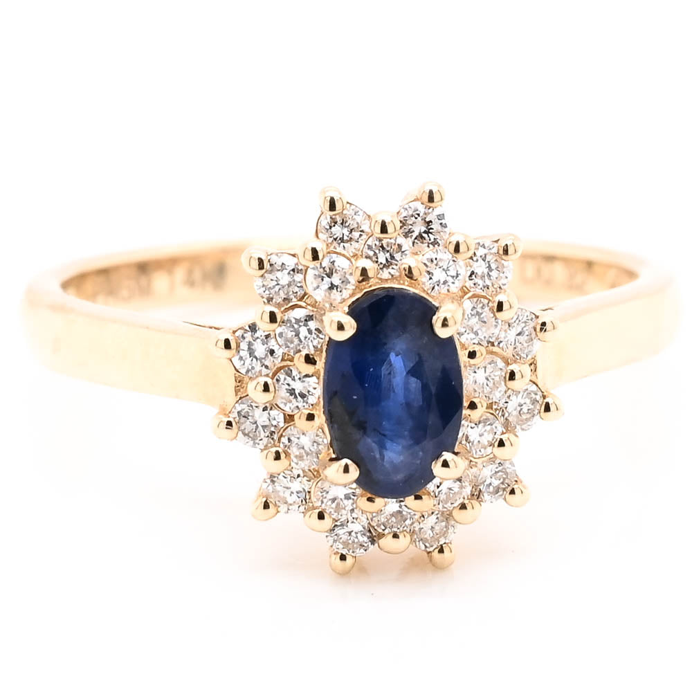 14KT Yellow Gold Blue Sappire & Diamond Cluster Ring.