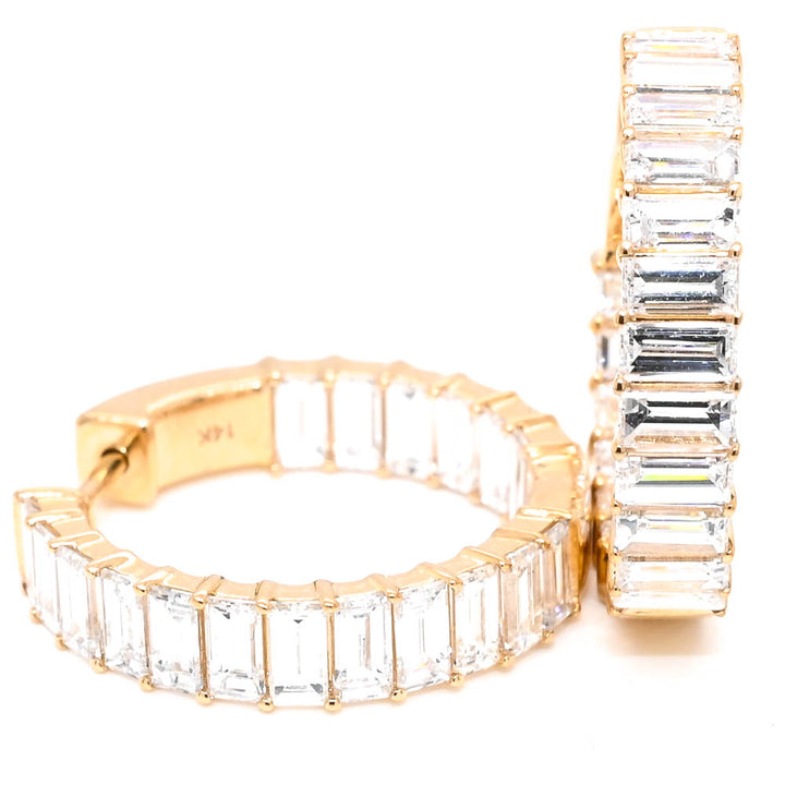 14KT Yellow Gold 4.18CTW LAB Created Baguette Diamond Huggie Earrings.