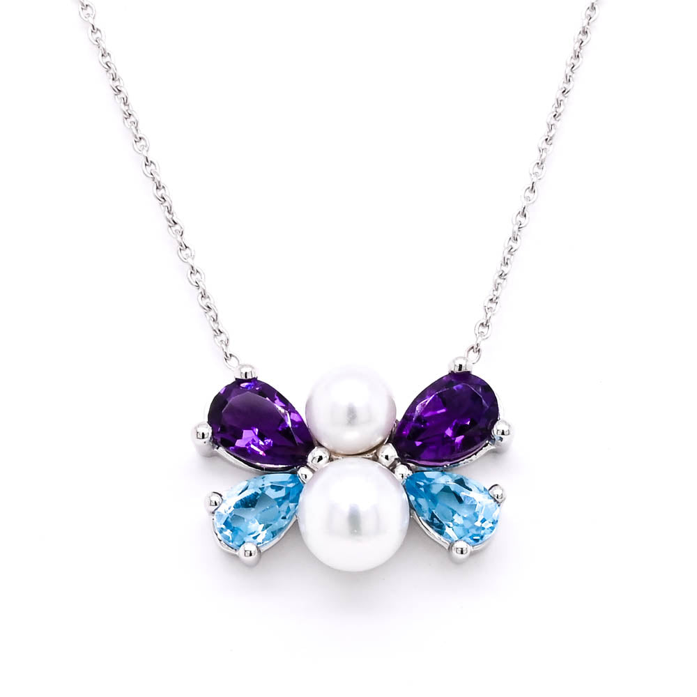 10KT White Gold 18" Blue Topaz, Amethyst & 4-5.5mm Pearl Butterfly Necklace.