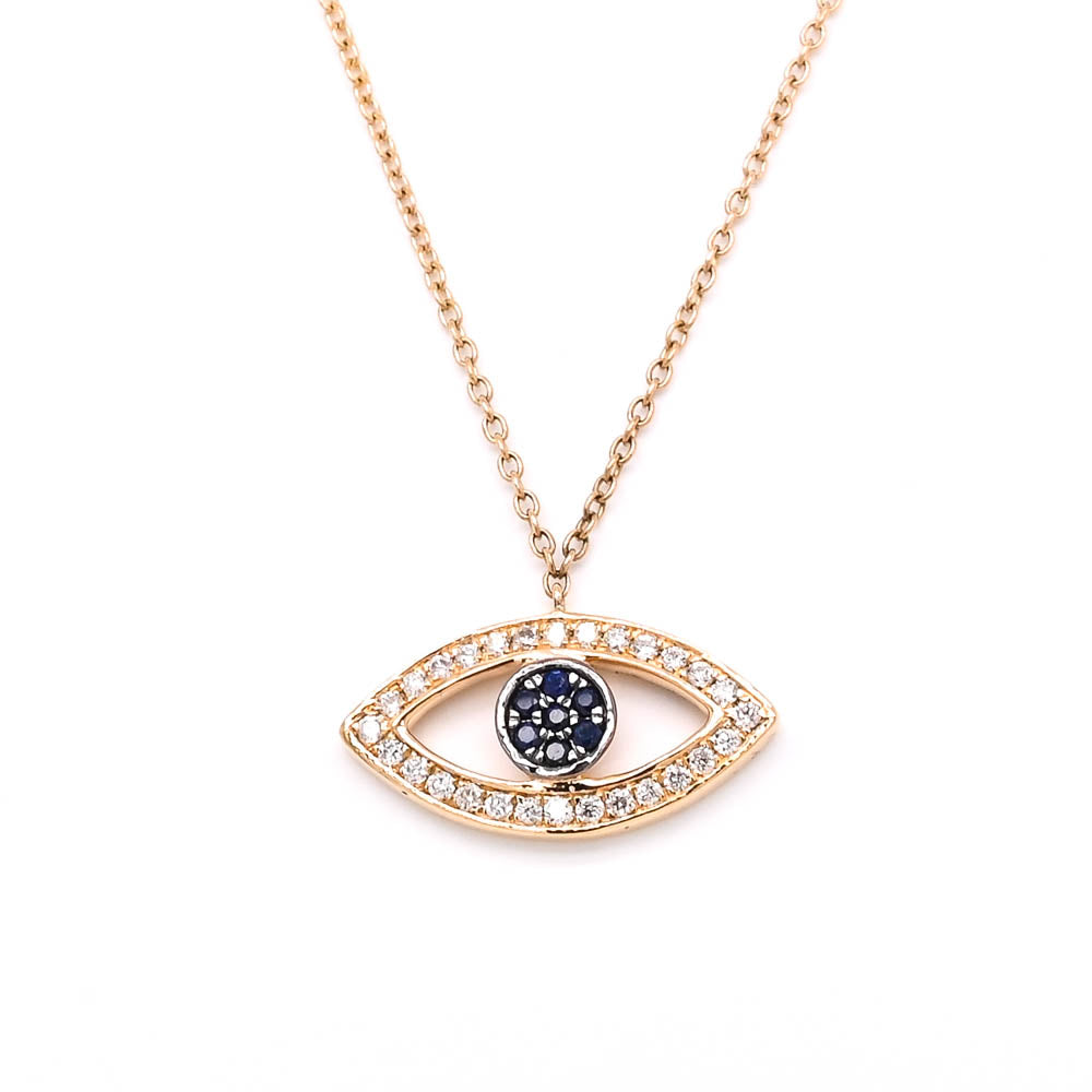 14KT Yellow Gold 18"0.06CTW Blue Sapphire Diamond Evil Eye Necklace.