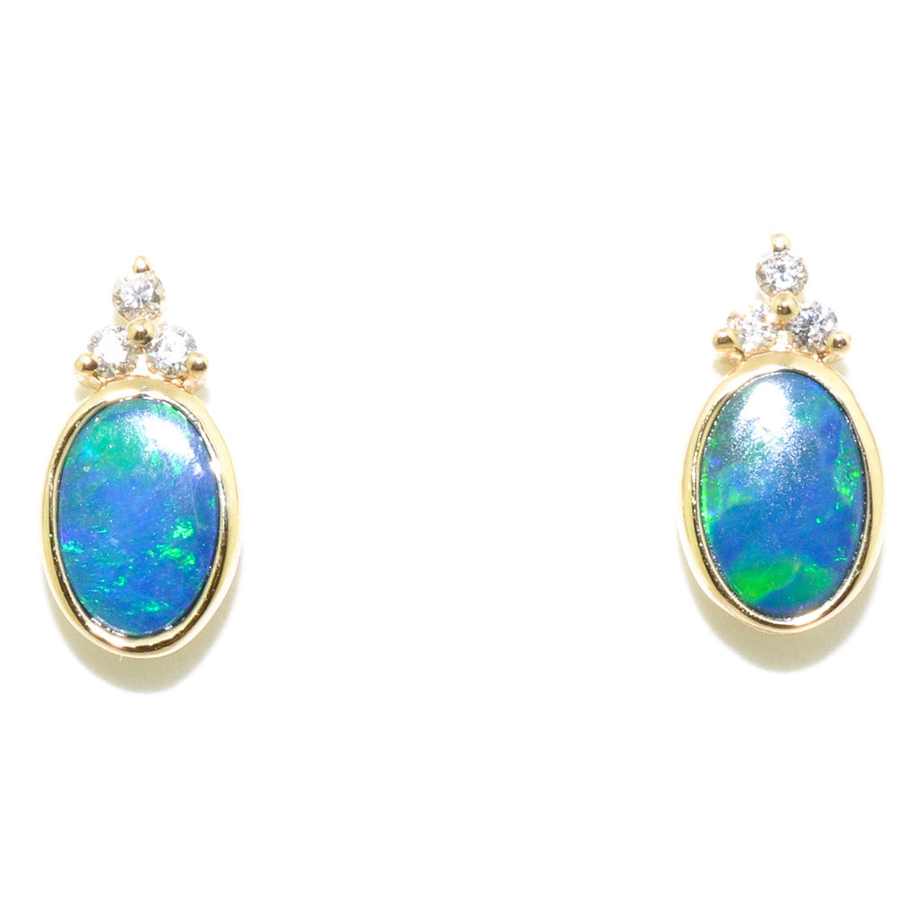 10KT Yellow Gold Opal Doublet and Diamond Earrings.
