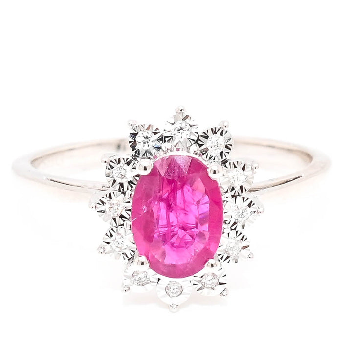 14KT White Gold 0.76CT Oval Shape Ruby & Diamond Cluster Ring.
