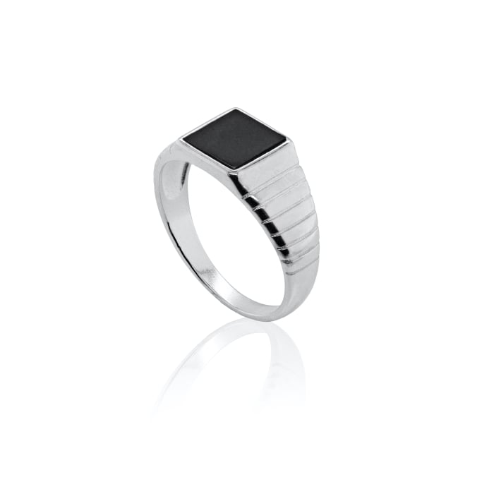 Sterling Silver Rhodium Plated Black Onyx Square Signet Men's Ring.