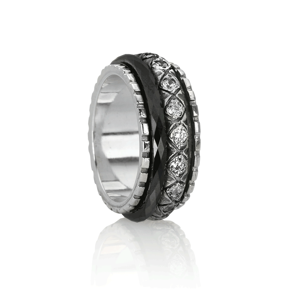 Radiance Meditation Ring. Sterling Silver, Black Ceramic, and C.Z. Size 9.