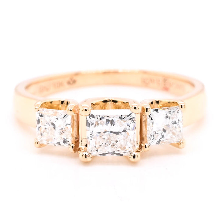 10KT Yellow Gold 1.00CTW Princess Cut Lab Created 3 Stone Engagement Ring.