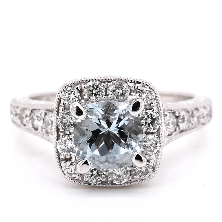 14KT White Gold 1.00CT Cushion Cut Aquamarine & Diamond Ring.