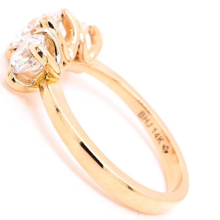 14KT Yellow Gold 2.00CTW Round Brilliant Lab Grown Diamond Trinity Engagement Ring.