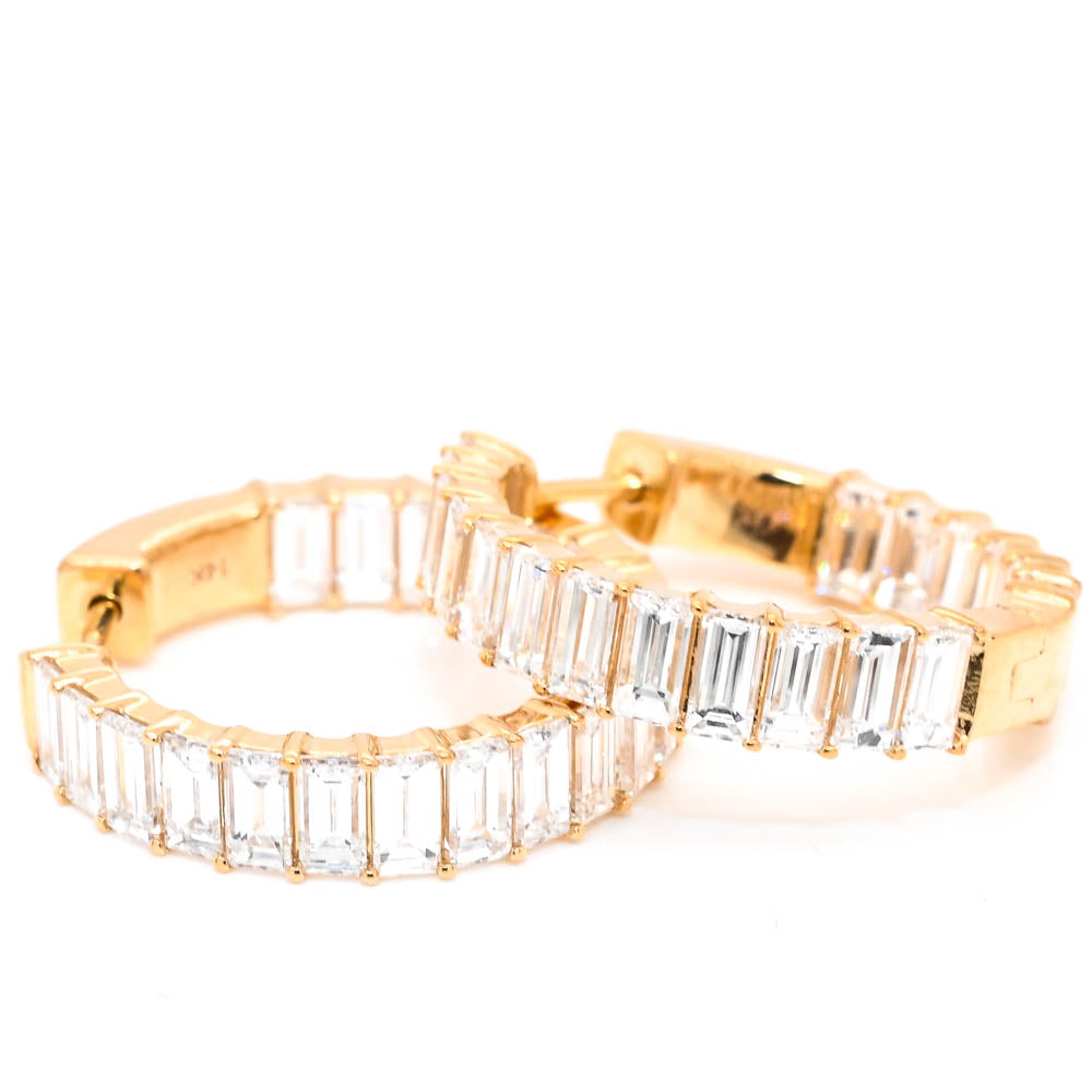 14KT Yellow Gold 4.18CTW LAB Created Baguette Diamond Huggie Earrings.