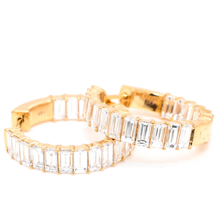 14KT Yellow Gold 4.18CTW LAB Created Baguette Diamond Huggie Earrings.