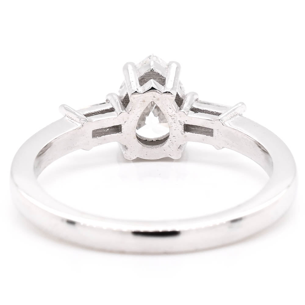 14KT White Gold 1.23CTW Pear Shape Diamond 3 Stone Engagement Ring.