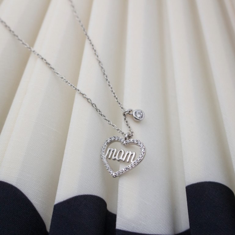 Sterling Silver 17"  "MOM" Halo CZ Heart Necklace